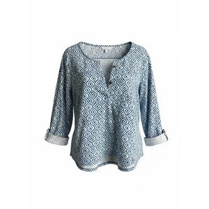 Chicos Blue White Ikat Geometric Print 3/4 Sleeve Button Tab Top Size 2 Large